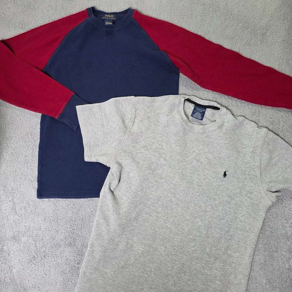 Polo Ralph Lauren Mens M L Waffle Knit Thermal Shirts Grey Navy Red 2pk Bundle